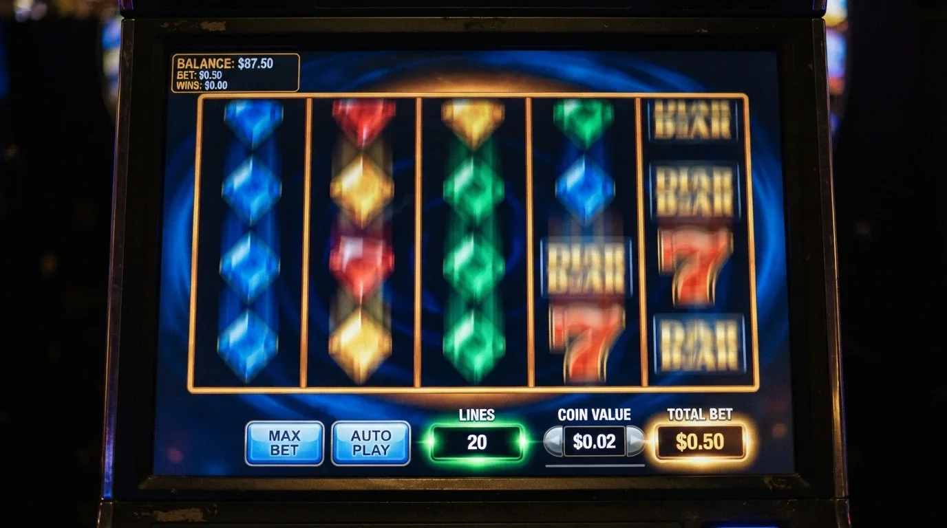 A close-up of a pokie game screen showing a $0.10 bet-per-spin selection and a $1.00 balance on a five-reel layout