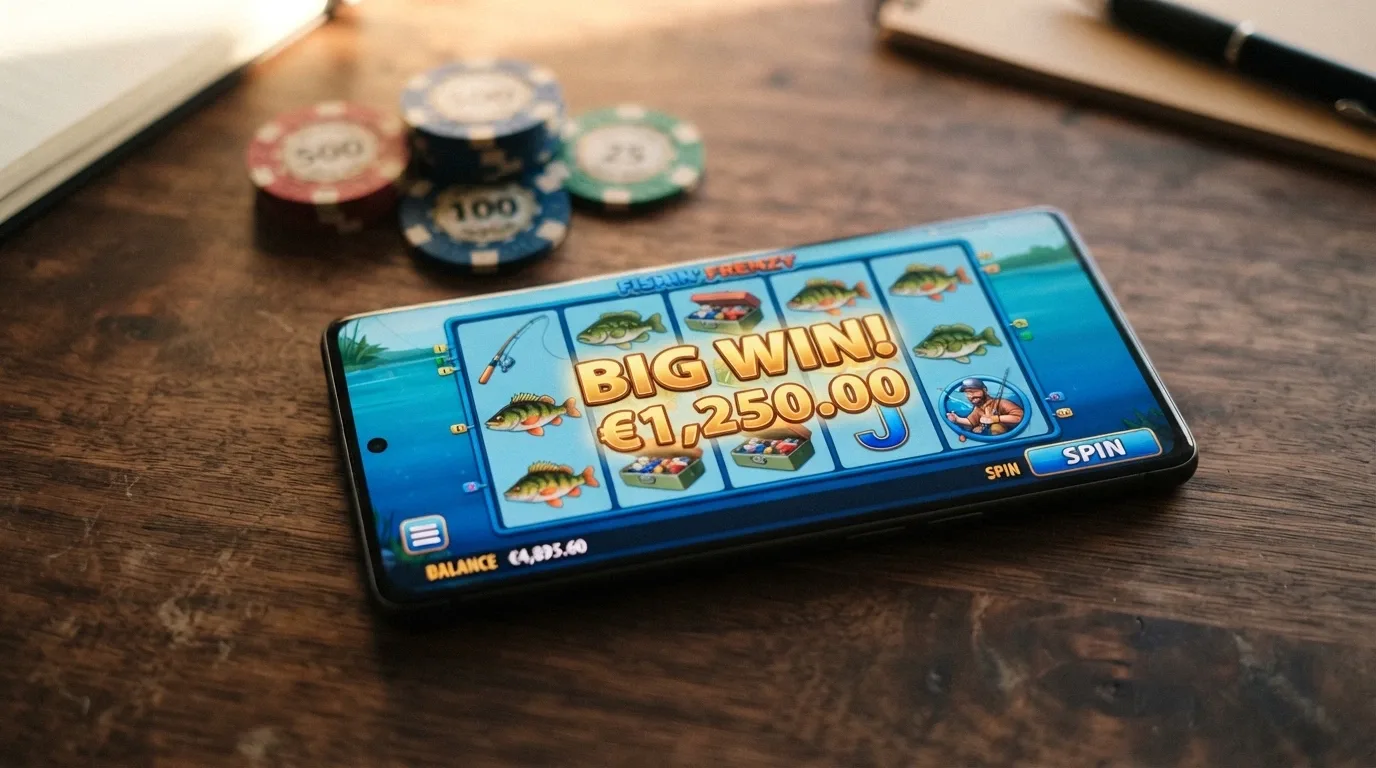 A smartphone in landscape orientation showing a Big Bass Bonanza spin result screen with the win amount highlighted, held against a blurred background of Australian dollar notes