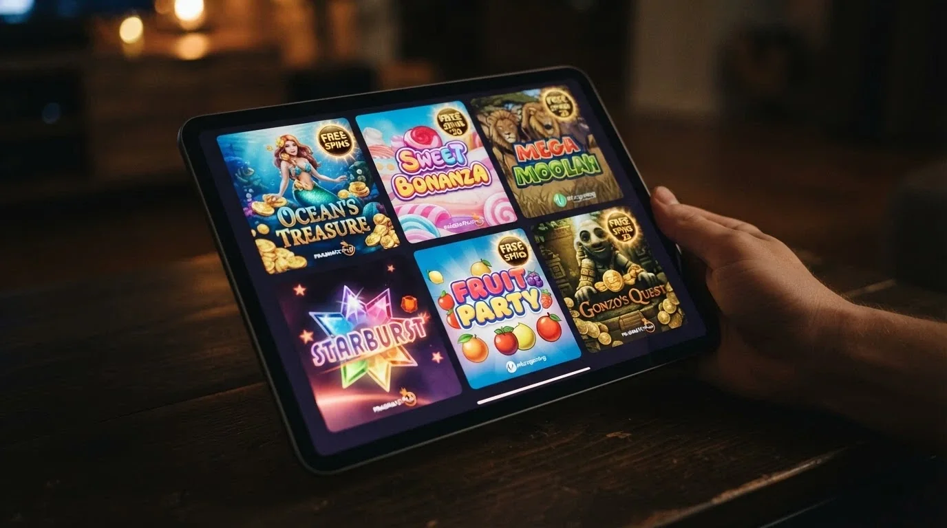 A grid of online-pokies title cards with a free-spins badge overlaying several of them