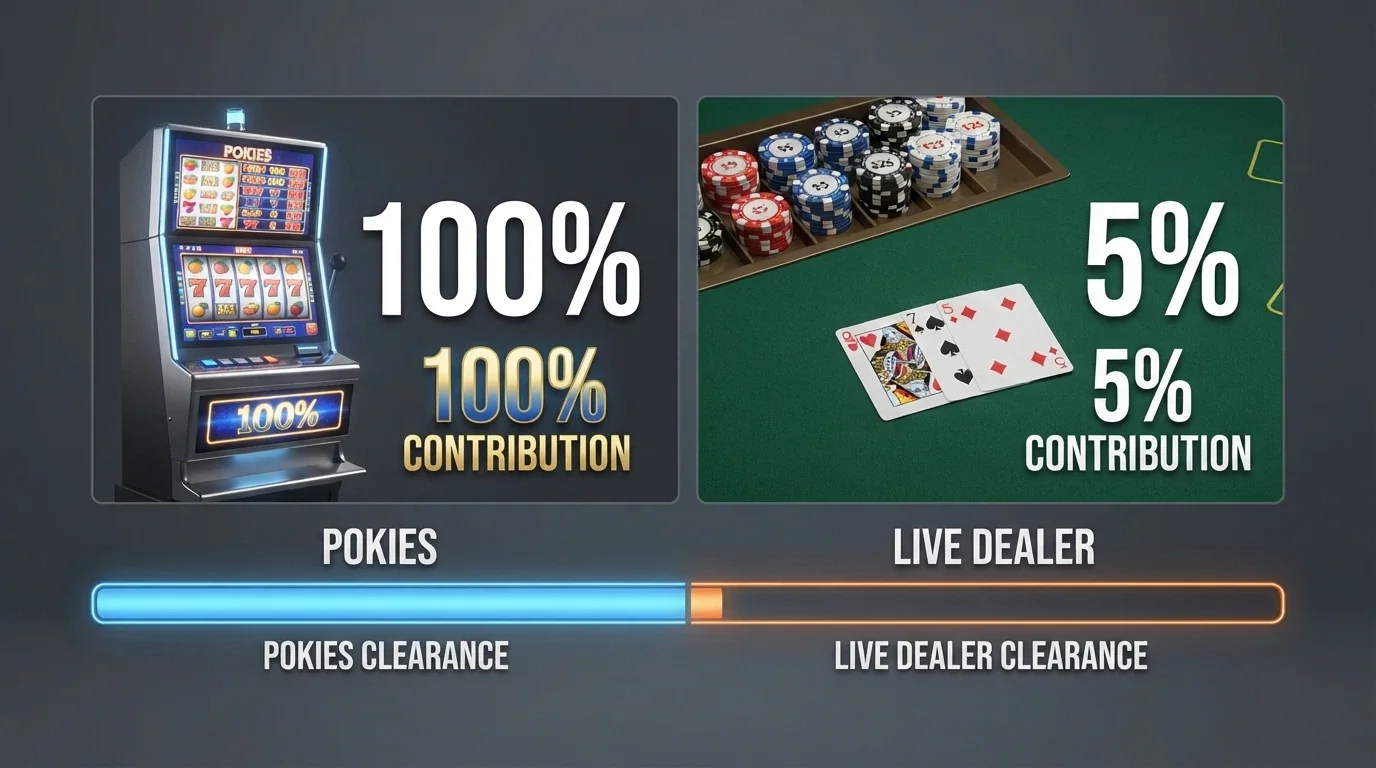 A split-screen comparing a pokies game screen labelled 100% contribution against a live dealer blackjack table labelled 5% contribution, with a progress bar showing the clearance-speed gap