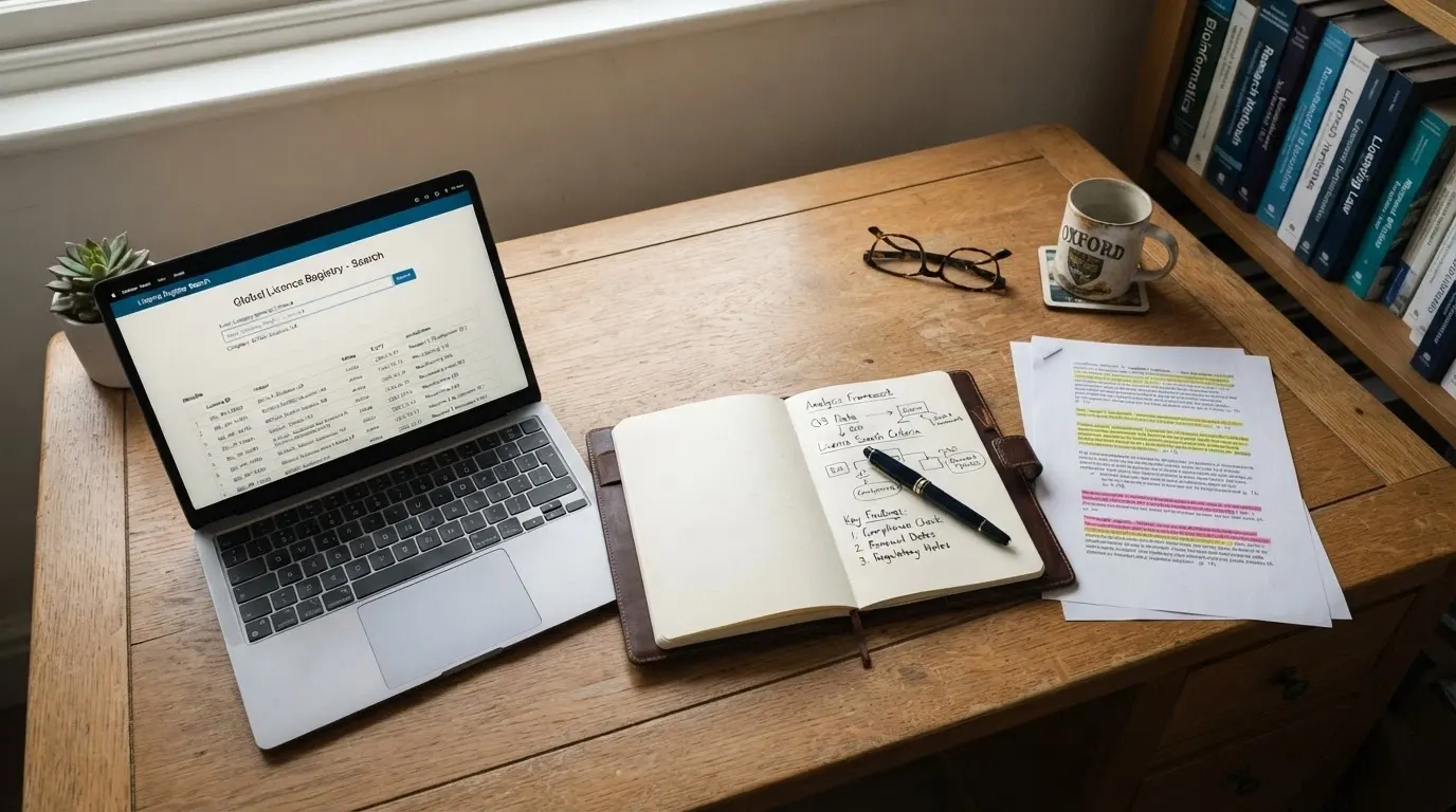 A desk with a notepad, a laptop showing a licence-register search, and printed research notes — a researcher's workspace, not a marketing shot