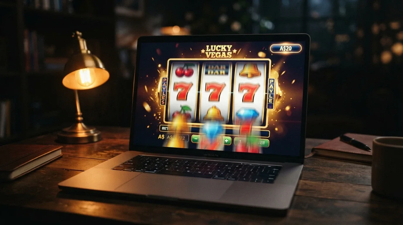 Three pokies reels mid-spin on a laptop screen with an AUD 20 balance visible in the corner