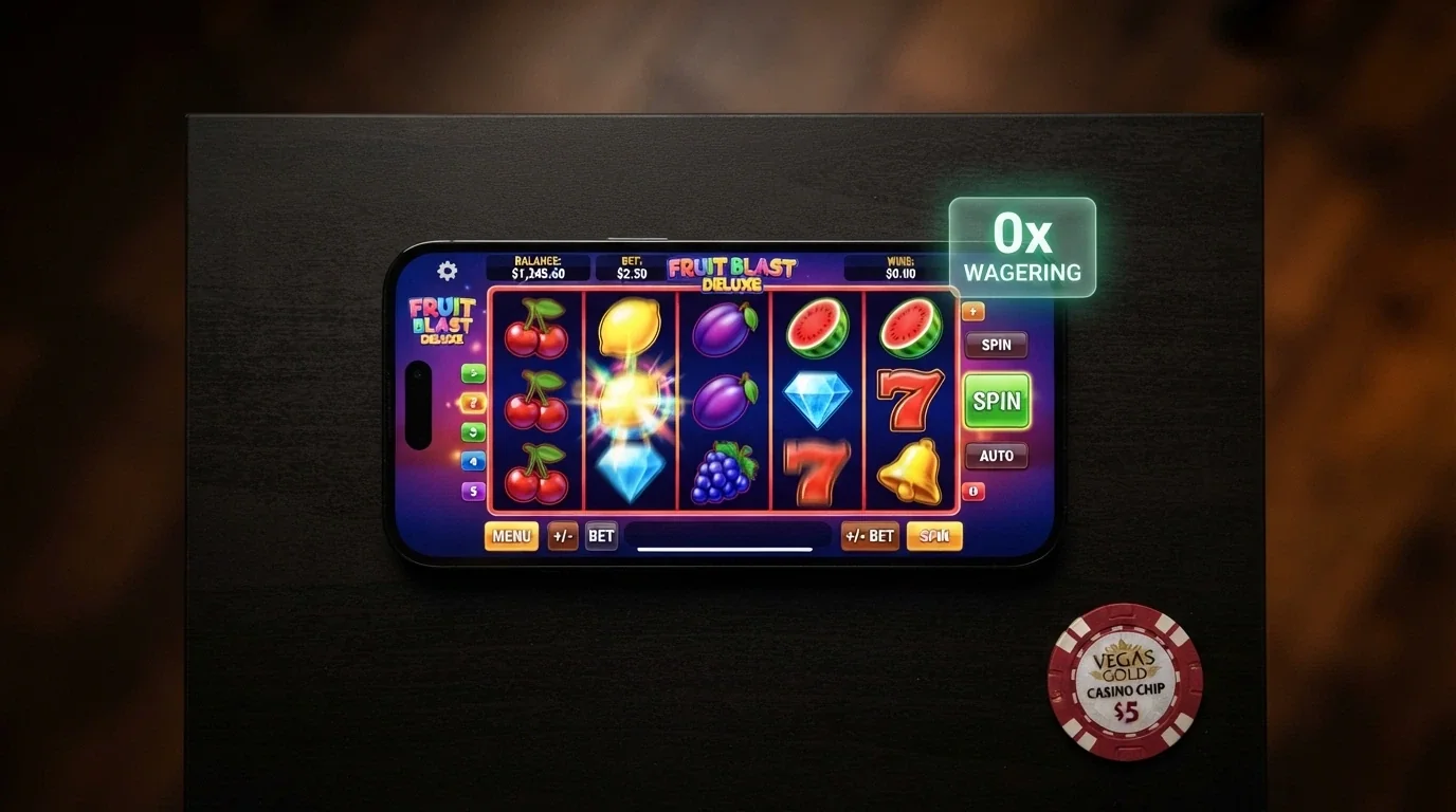 A smartphone screen showing a pokie game with a “0x Wagering” badge overlaid on the reels, set against a dark background