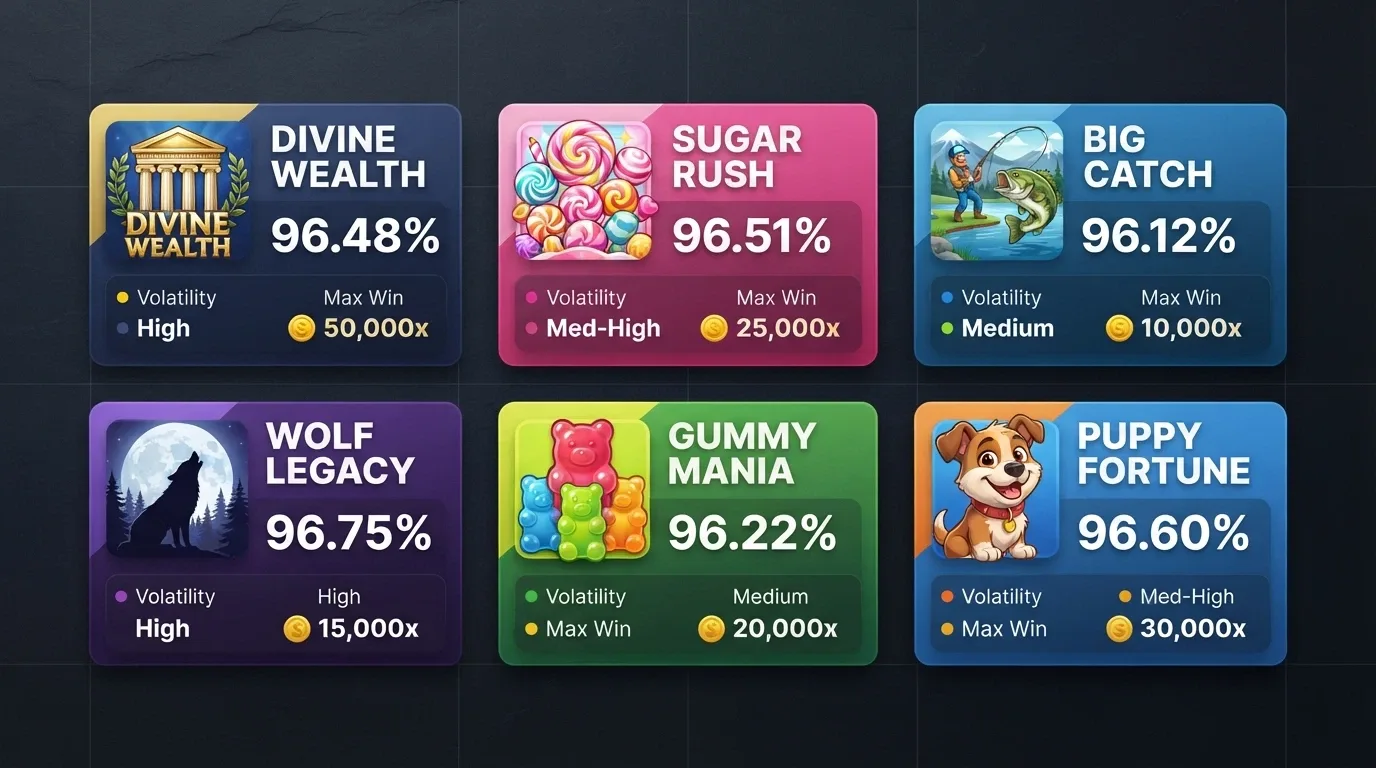 A grid of six popular online pokies titles with their RTP percentages, volatility levels and max win figures displayed
