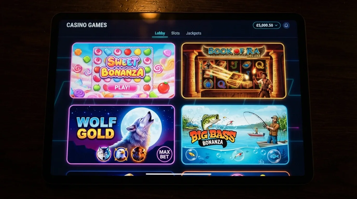 A montage of three or four brightly coloured online pokies title screens — a candy-themed grid, an Egyptian tomb, a gold wolf — with spinning reels visible on one