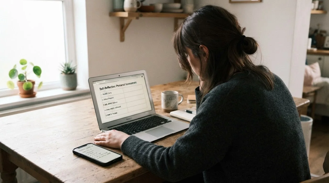 A concerned person sitting at a laptop with a phone nearby, the screen showing a responsible-gambling self-assessment checklist