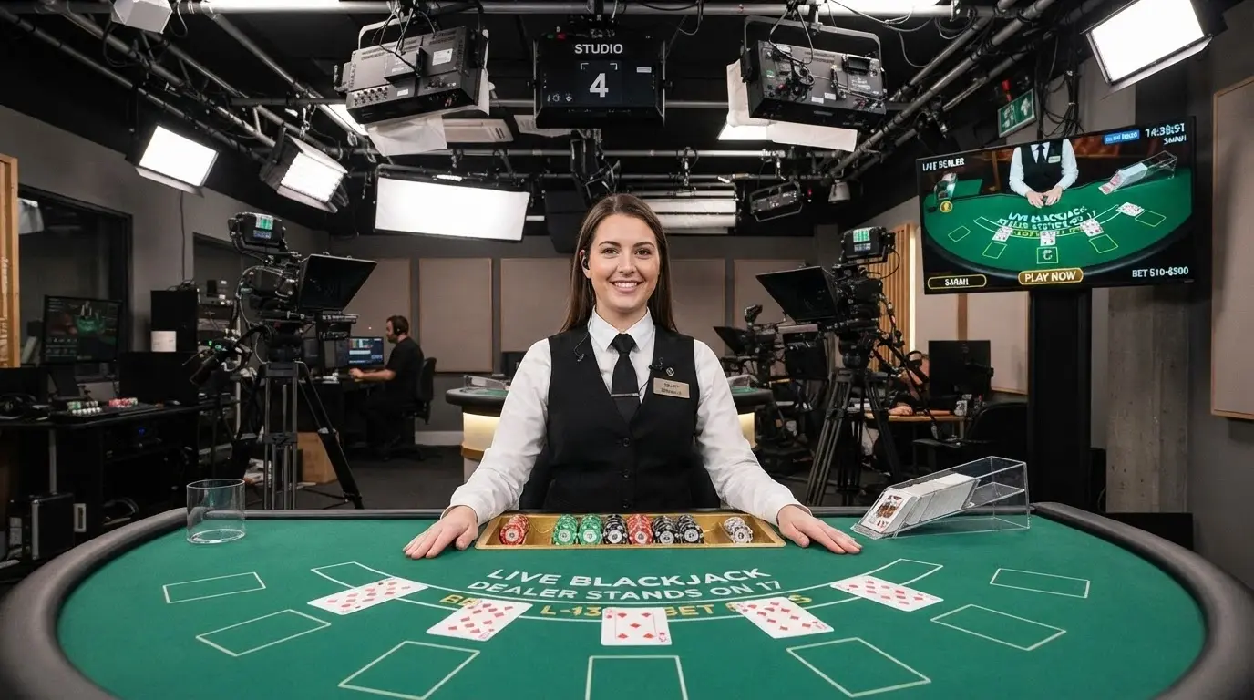 A live dealer seated at a blackjack table inside a professional broadcast studio, looking toward the camera, with studio lighting rigs and multiple camera angles visible in the background