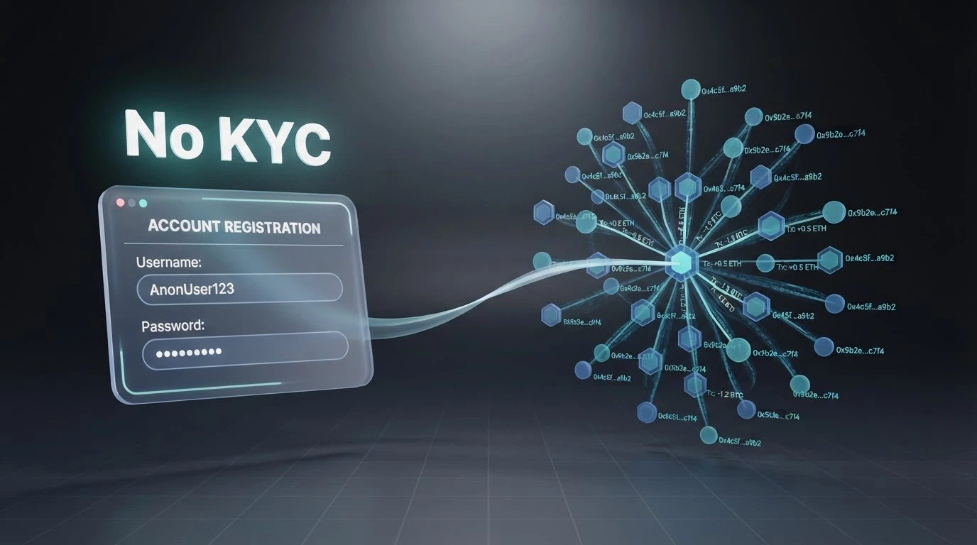 A split-screen: the left side shows a casino sign-up form with “No KYC” highlighted, the right side shows Ethereum blockchain transaction data with addresses visible