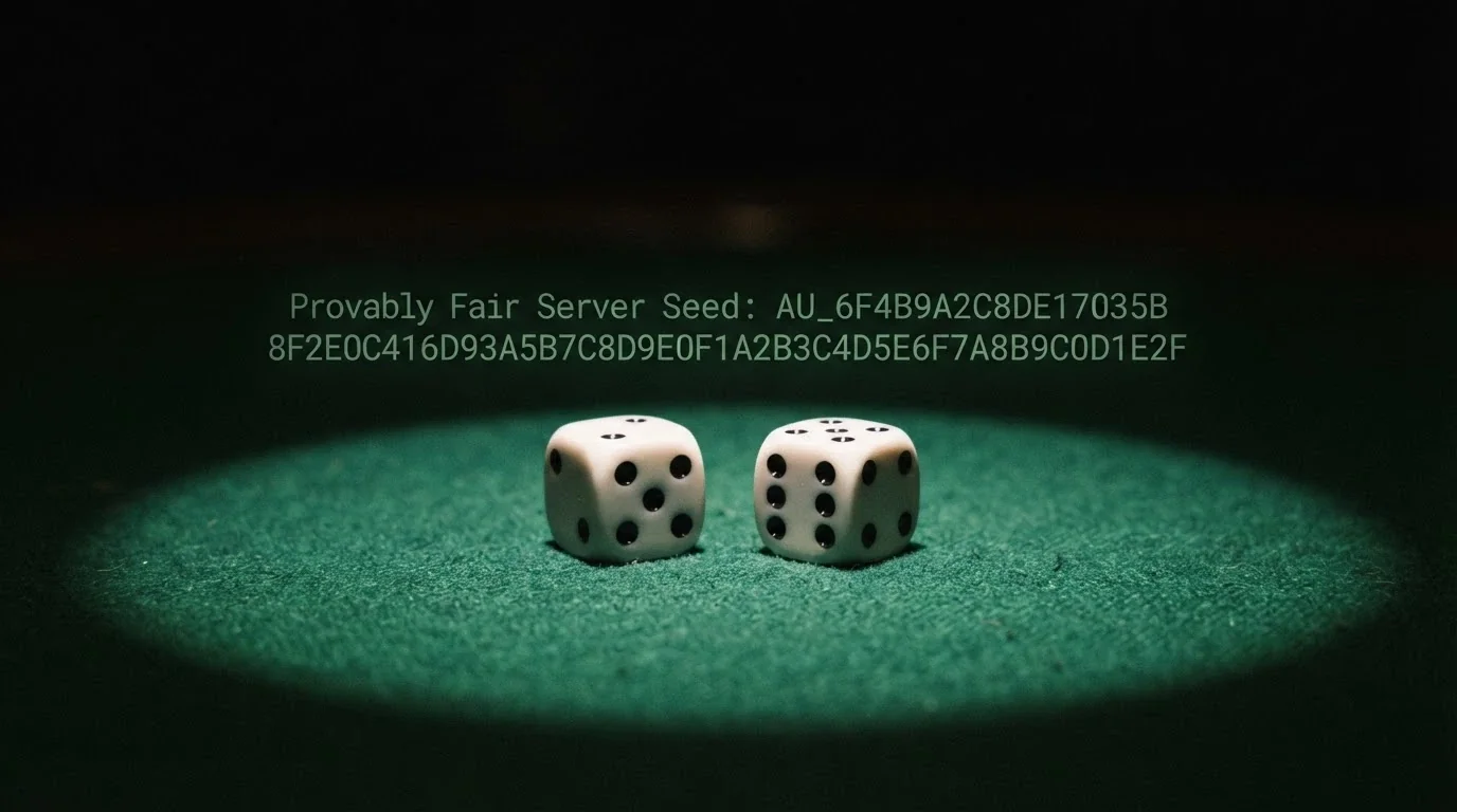 Two dice on a dark table with a visible hash string above them