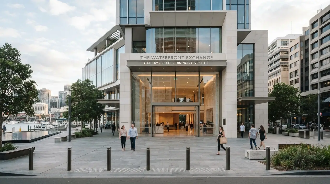 The Queen's Wharf Brisbane precinct exterior with its street-level entrance and regulatory signage