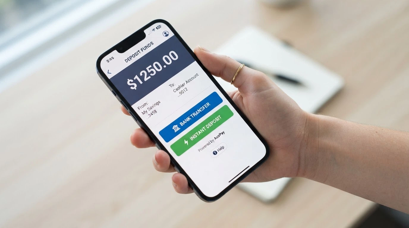 A split-screen comparison: one side showing a demo-mode balance counter, the other showing a real-money cashier with AUD deposit options including PayID and bank transfer