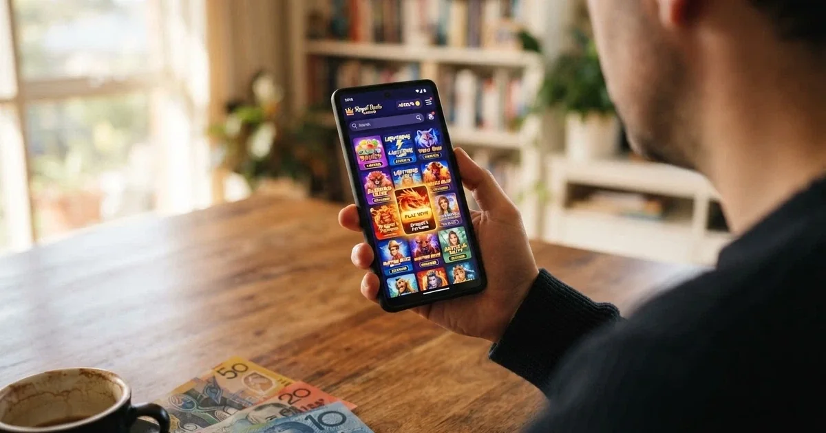 A smartphone held in one hand displaying a colourful pokies game lobby on screen, with Australian currency notes partially visible on a table in the background