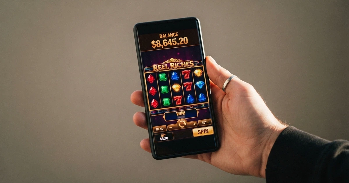 A smartphone screen showing a browser-based pokies game in play with AUD balance visible, held in a hand against a neutral background