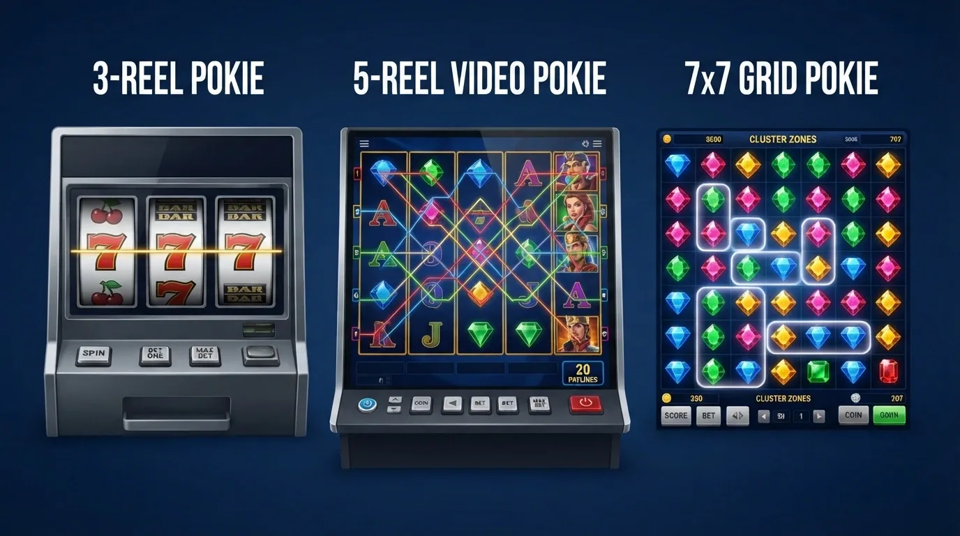 A three-panel comparison showing a classic 3-reel pokie with a single payline, a 5-reel video pokie with 20 paylines, and a 7×7 grid pokie with cluster-pays highlighted zones