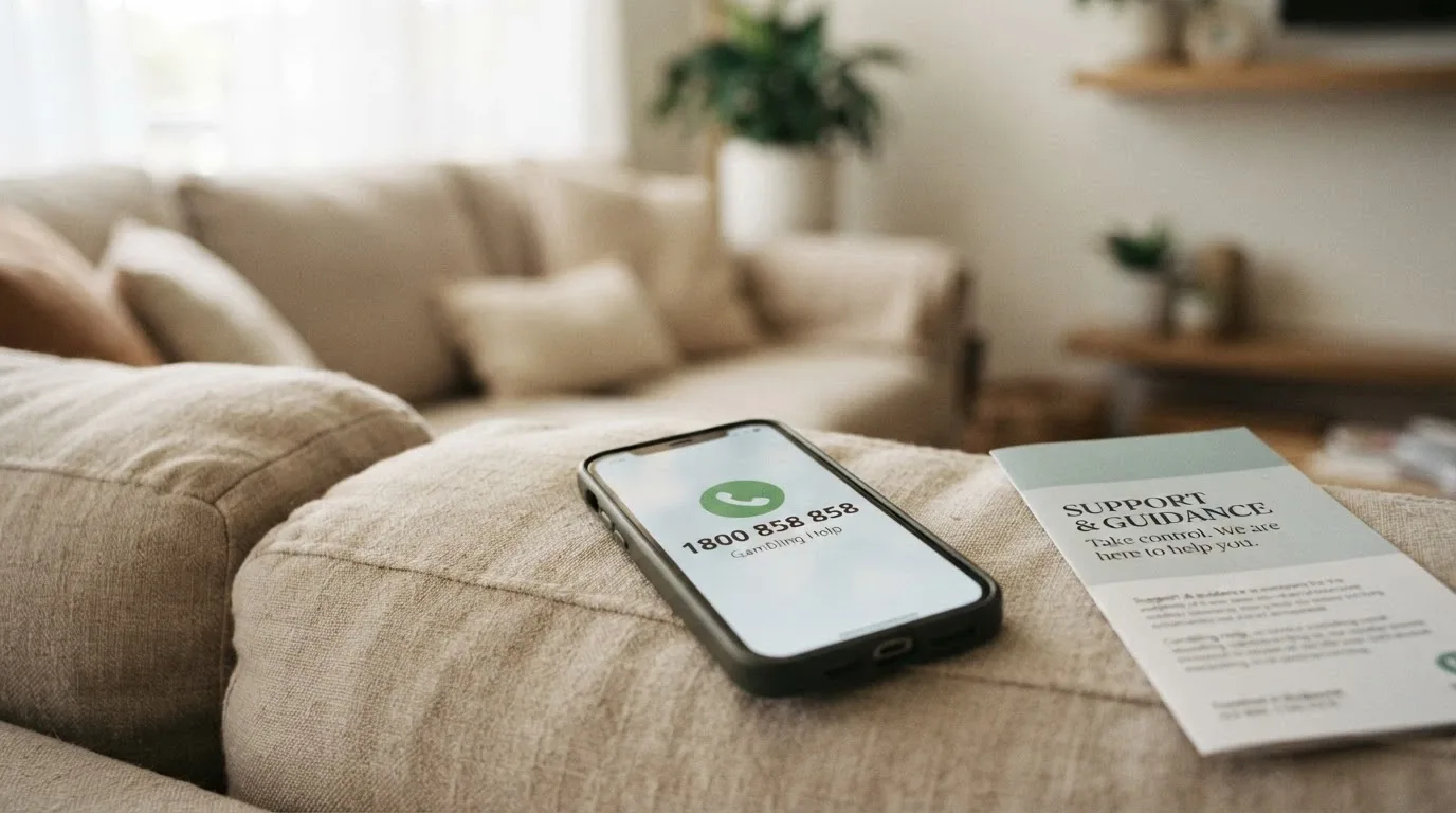 A warm-tone visual of a helpline phone icon beside the number 1800 858 858 and a Gambling Help Online screen, with a BetStop logo crossed out beside offshore casino icons