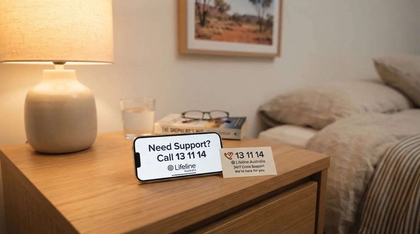 a calm, well-lit composition showing the National Gambling Helpline number 1800 858 858 beside a phone, with the BetStop and Gambling Help Online logos beneath