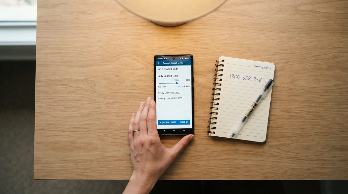 A calm, adult hand holding a smartphone showing a deposit-limit settings screen, with the Gambling Helpline number visible on a notepad beside it