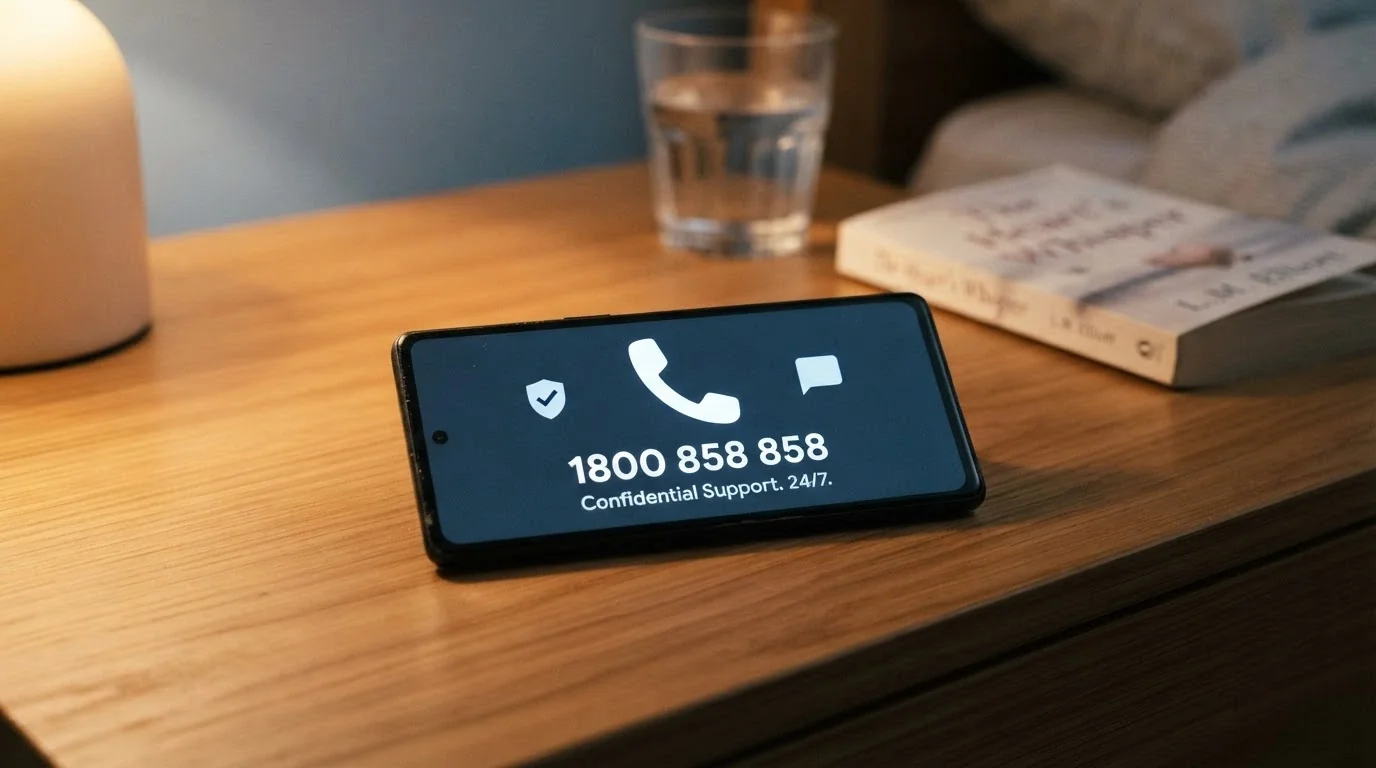 A phone screen showing the Gambling Helpline number (1800 858 858) alongside the BetStop logo and the Gambling Help Online chat interface