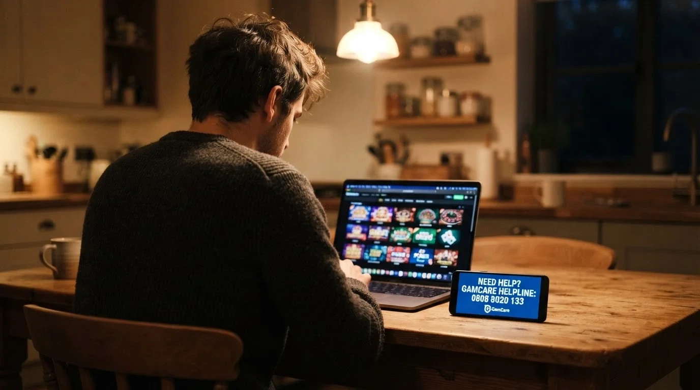A concerned person looking at a laptop screen showing a casino lobby, with a phone beside them displaying the number 1800 858 858 on screen