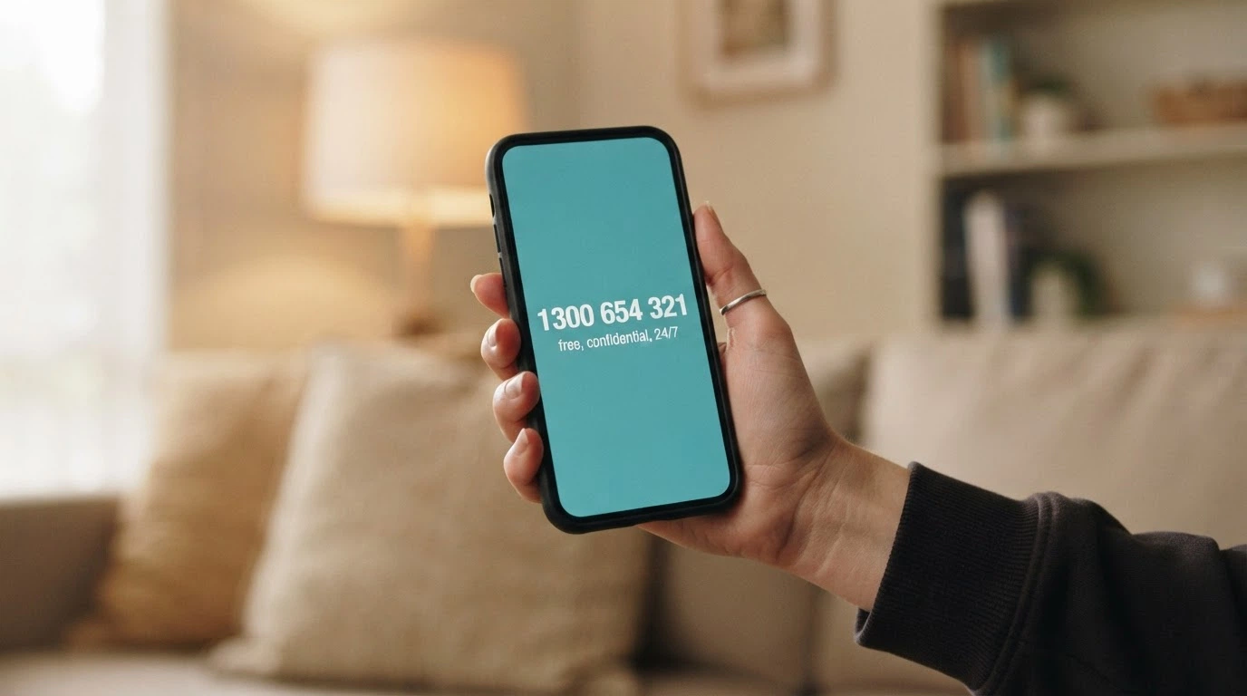 A phone screen showing the National Gambling Helpline number 1800 858 858 with the words “free, confidential, 24/7” beneath it