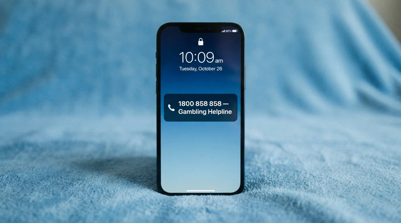 A smartphone lock screen displaying a reminder notification with the National Gambling Helpline number 1800 858 858, set against a calm blue background
