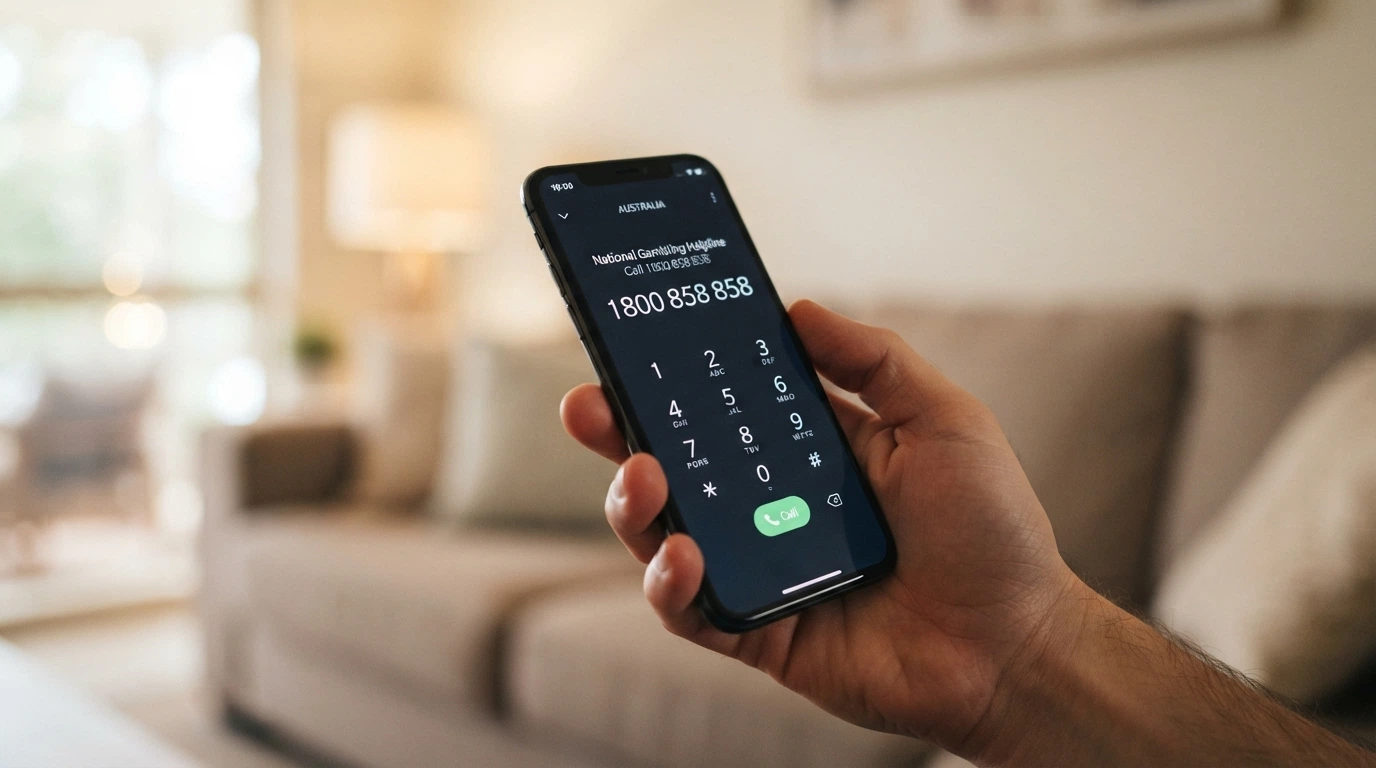 A close-up of a phone keypad with 1800 858 858 partially dialled, the National Gambling Helpline number clearly visible, against a soft-focus background