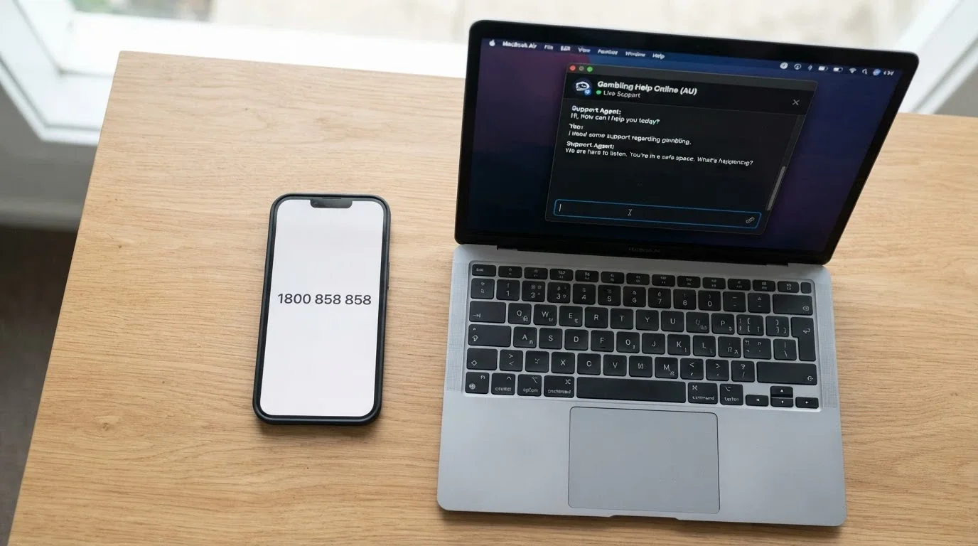 A phone displaying the 1800 858 858 number on screen, with a Gambling Help Online chat window open beside it