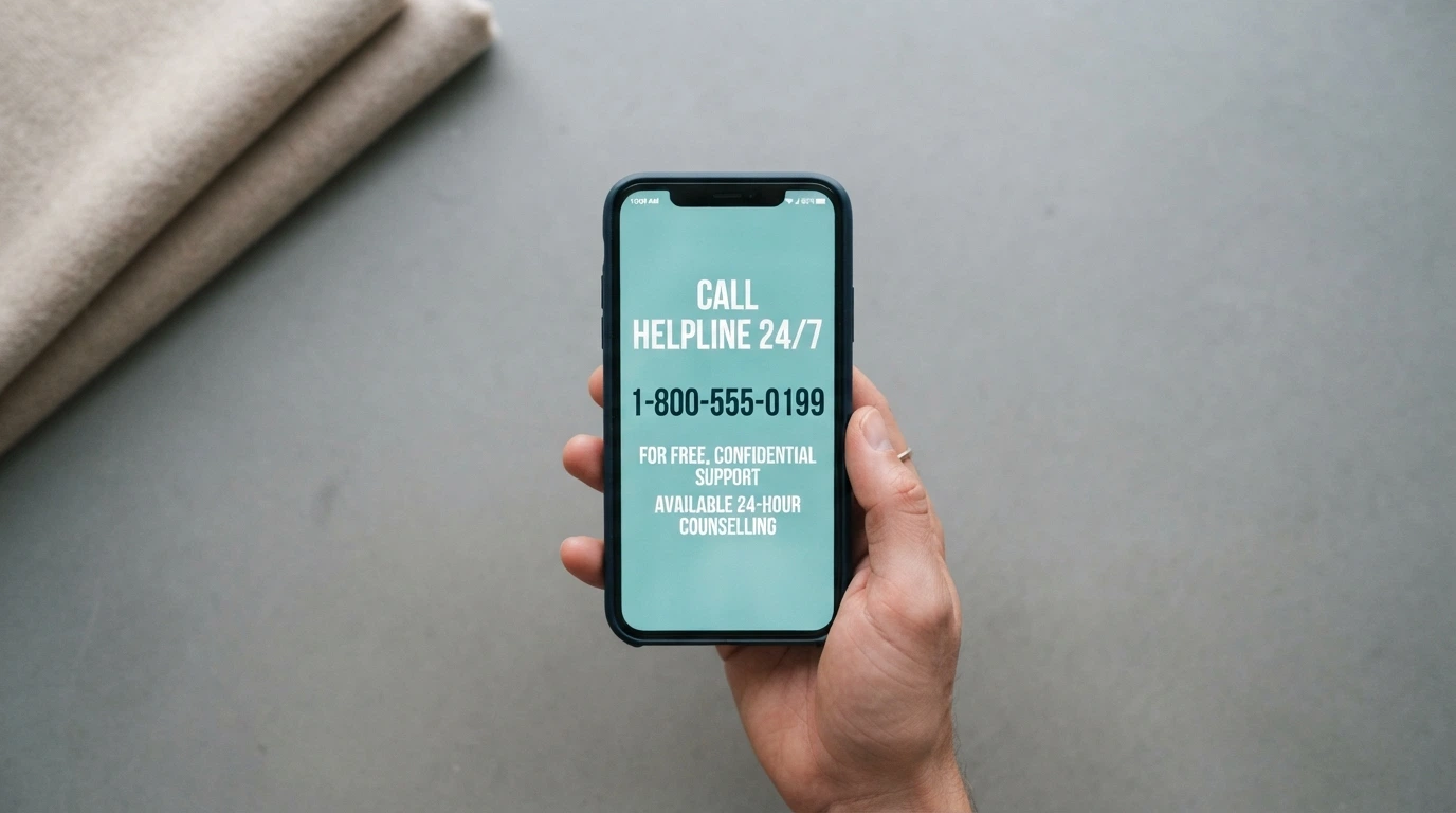 A phone screen showing a helpline number — 1800 858 858 — with the words “24 hours, 7 days” visible, set against a calm, supportive background