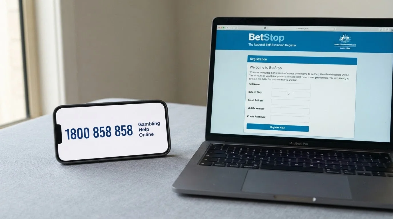 A phone screen displaying the number 1800 858 858 beside the Gambling Help Online logo, with the BetStop National Self-Exclusion Register homepage visible on a laptop in the background