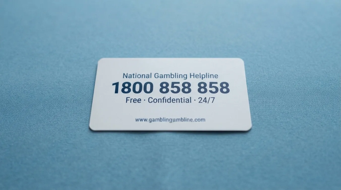 A close-up of a wallet card or phone screen showing the National Gambling Helpline number 1800 858 858, the Gambling Help Online URL, and the words “Free · Confidential · 24/7”, on a calm blue background