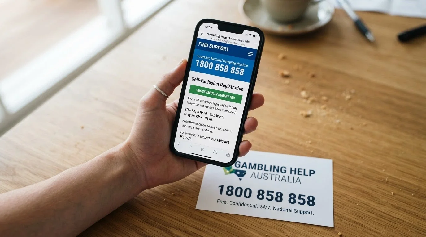 A mobile phone showing the Gambling Help Online homepage beside a BetStop registration confirmation screen, with the 1800 858 858 number clearly legible