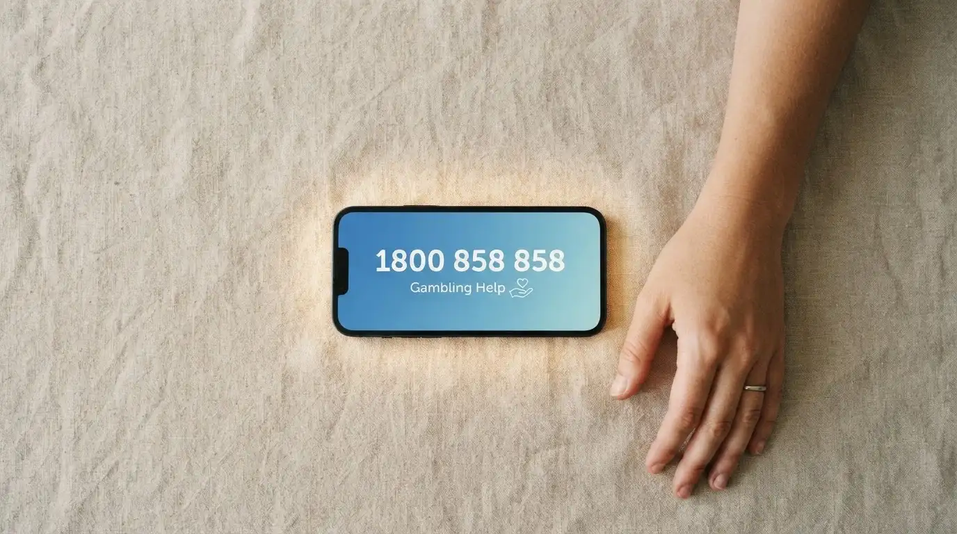 A hand reaching for a phone displaying the number 1800 858 858, with the Gambling Help Online logo and a calm blue gradient background