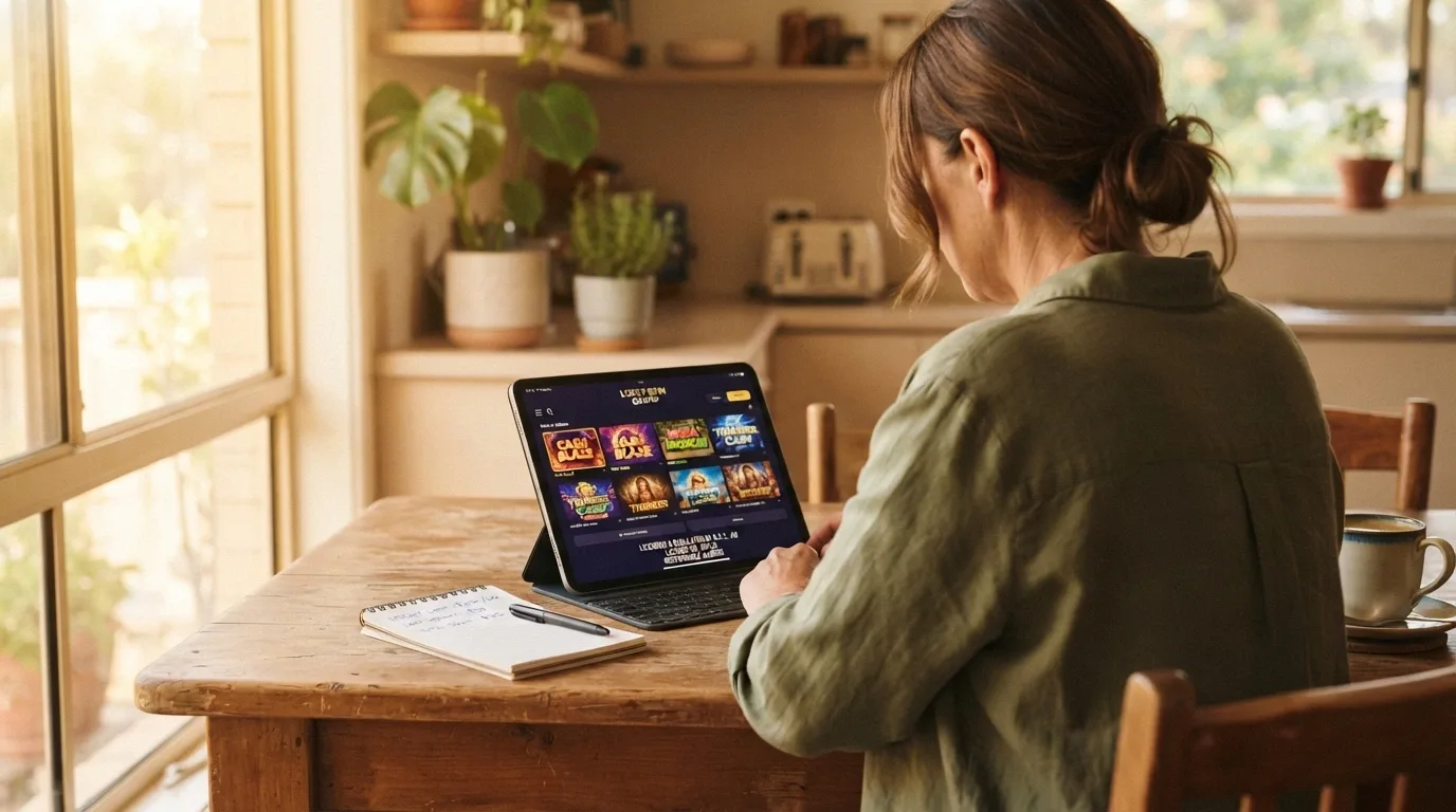 An Australian adult in a relaxed home setting reviewing pokies information on a tablet, with a notepad showing hand-written deposit limits, a cup of coffee beside them and natural window light