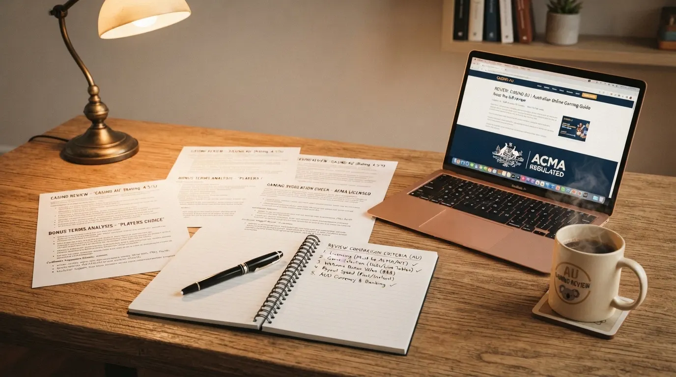 A desk with casino review documents, the ACMA logo visible on a screen, and a notebook with comparison criteria