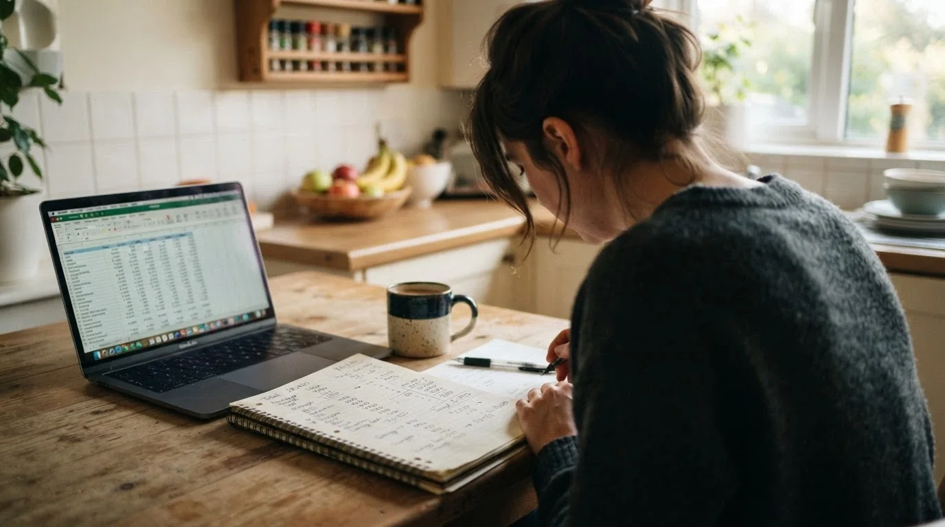 A person sitting at a kitchen table with a laptop, a notepad with handwritten figures, and a cup of coffee — a domestic decision-making scene, no casino branding visible