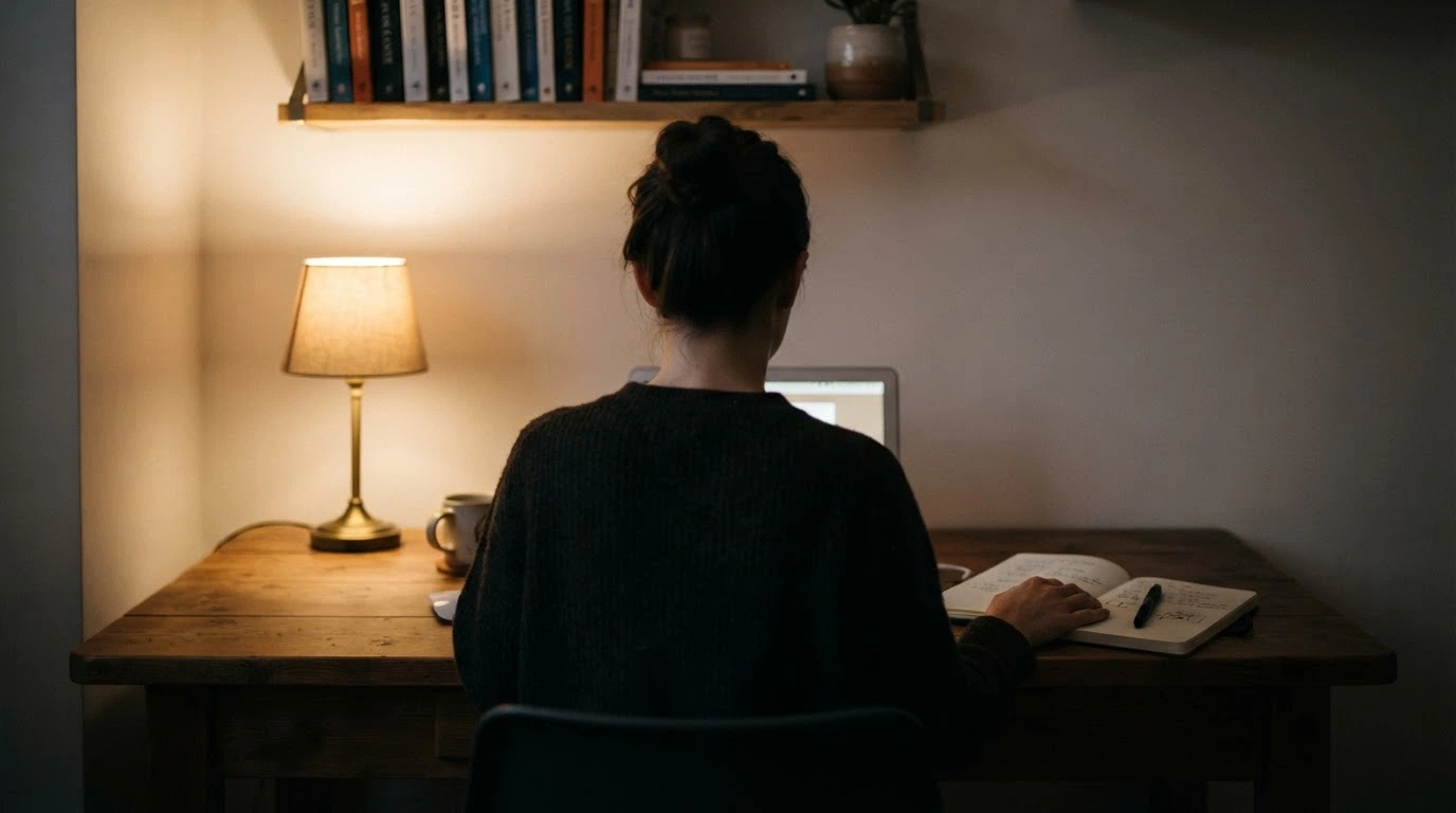 A person sitting at a desk with a laptop, one hand resting on a notebook, looking at the screen — a decision moment, not a playing moment