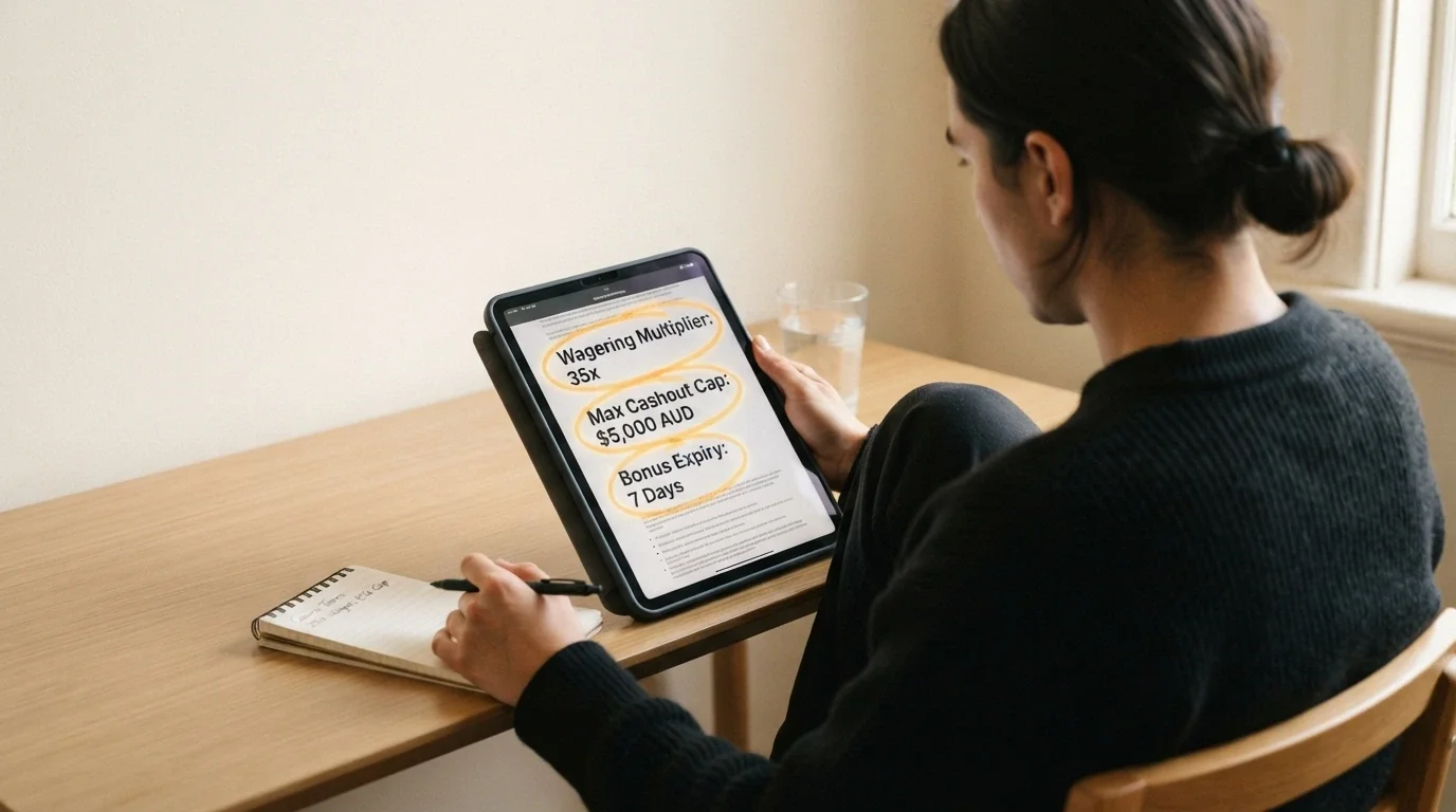 A person reviewing casino bonus terms on a tablet, with the wagering, max cashout and expiry fields circled