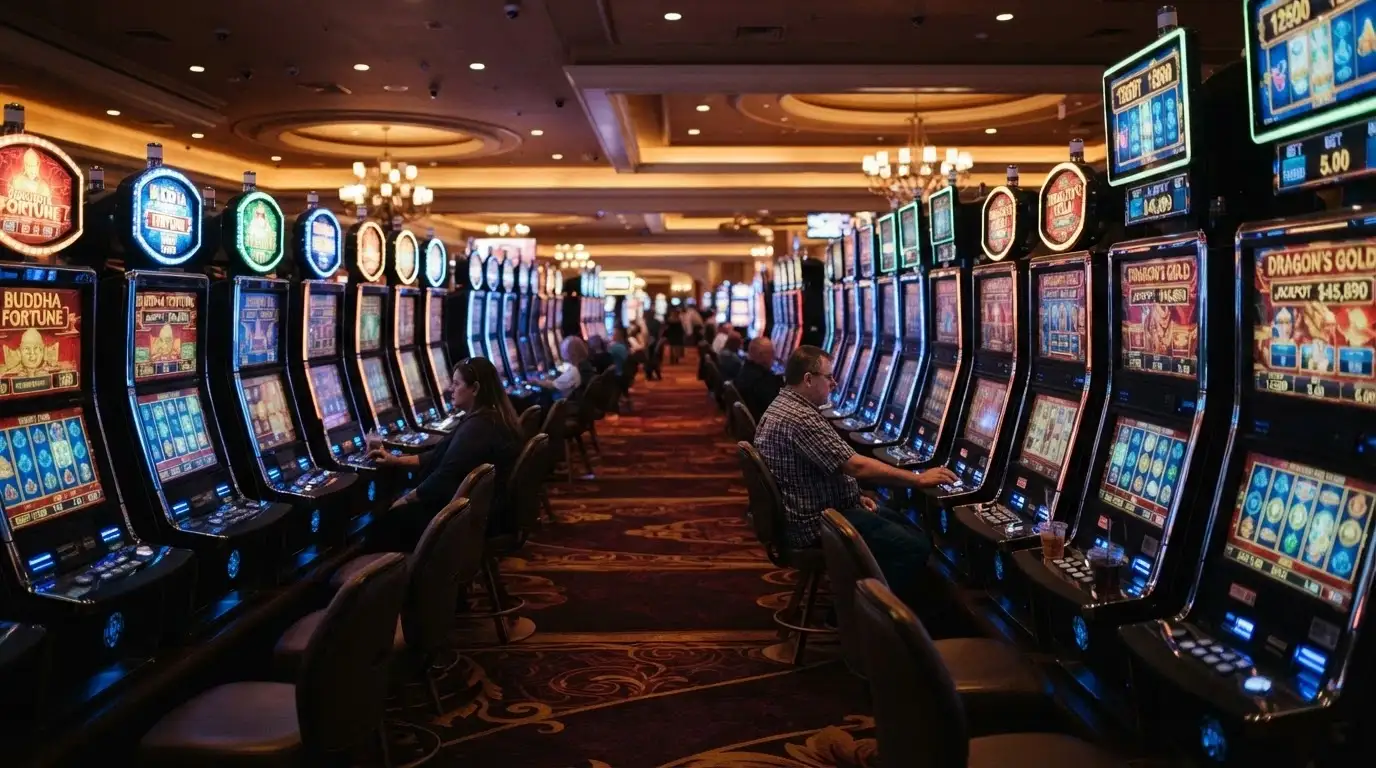 Rows of gaming machines inside SkyCity Adelaide's main gaming floor with digital displays lit