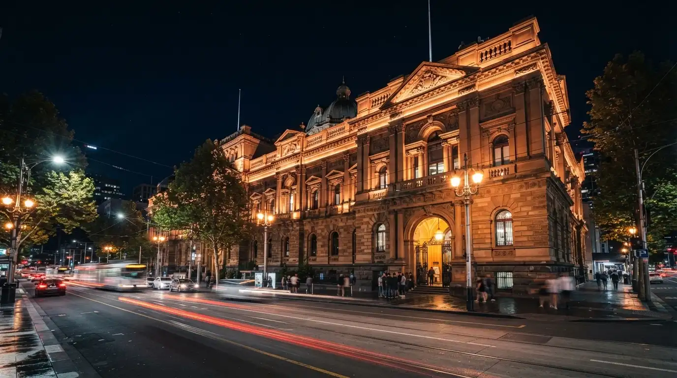 Wide exterior shot of the SkyCity Adelaide heritage building at night with the North Terrace street frontage