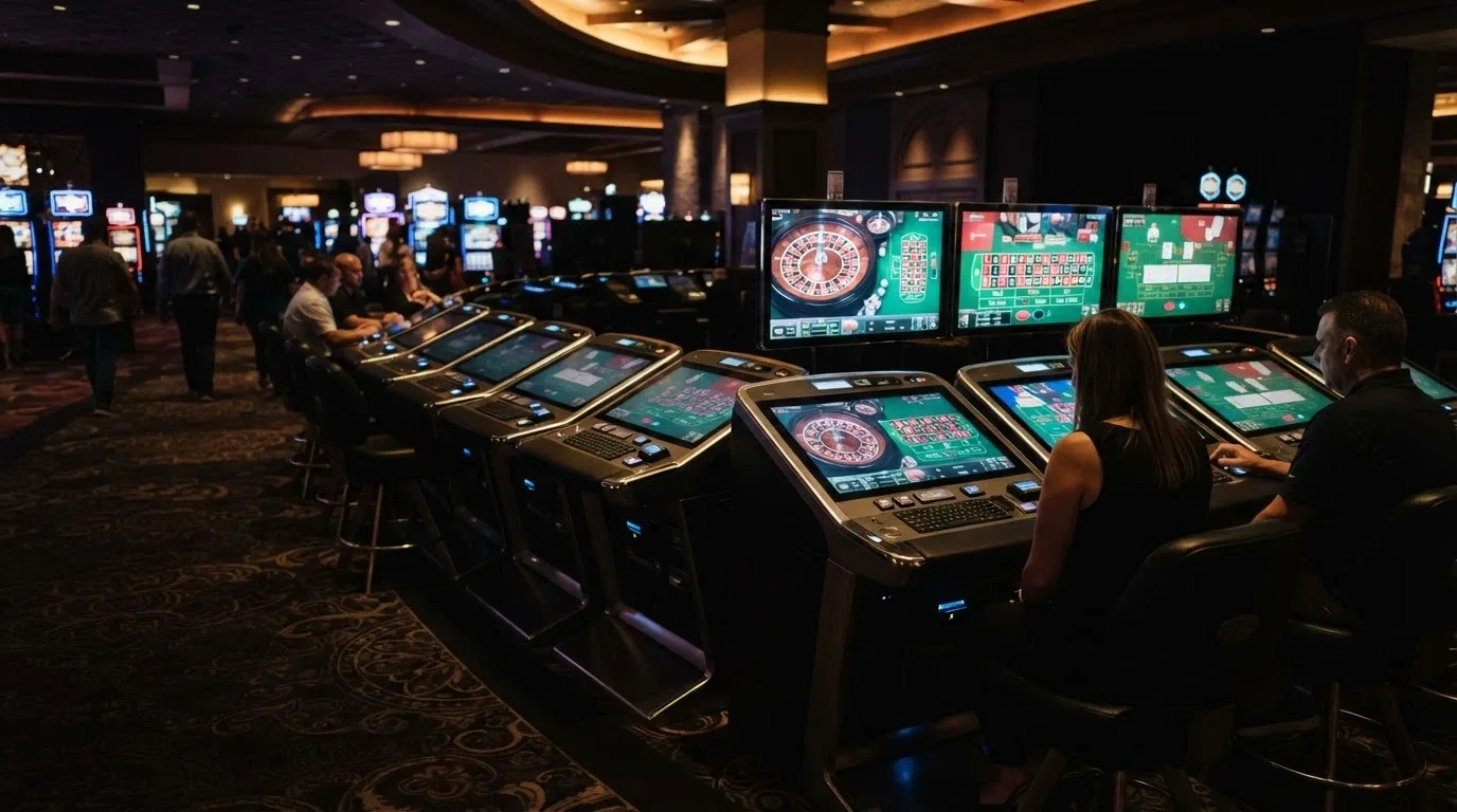 A bank of electronic table game terminals at SkyCity Adelaide showing roulette and baccarat screens