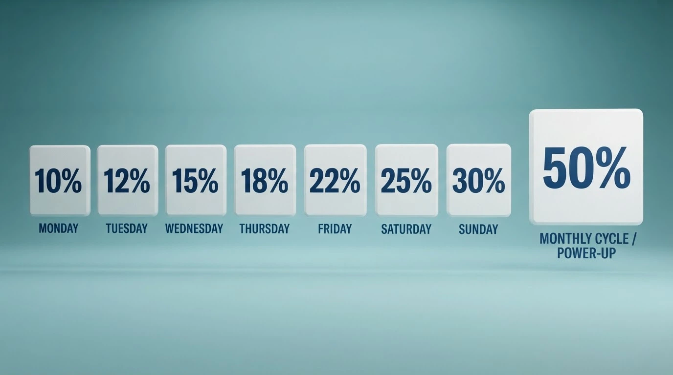 A calendar-style visual showing a weekly reload schedule with percentage matches rising from Thursday through to the monthly power-up