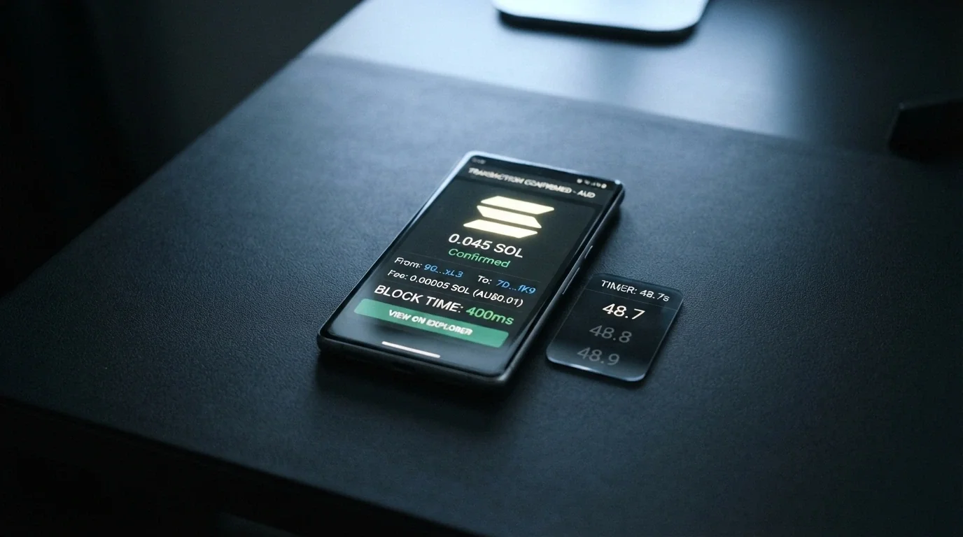 A crypto wallet screen confirming a SOL deposit beside a block-time readout