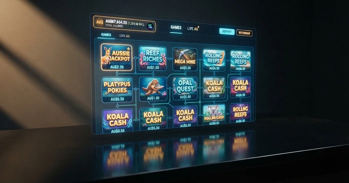 A stylised blockchain casino interface with a Solana wallet balance and a row of game tiles