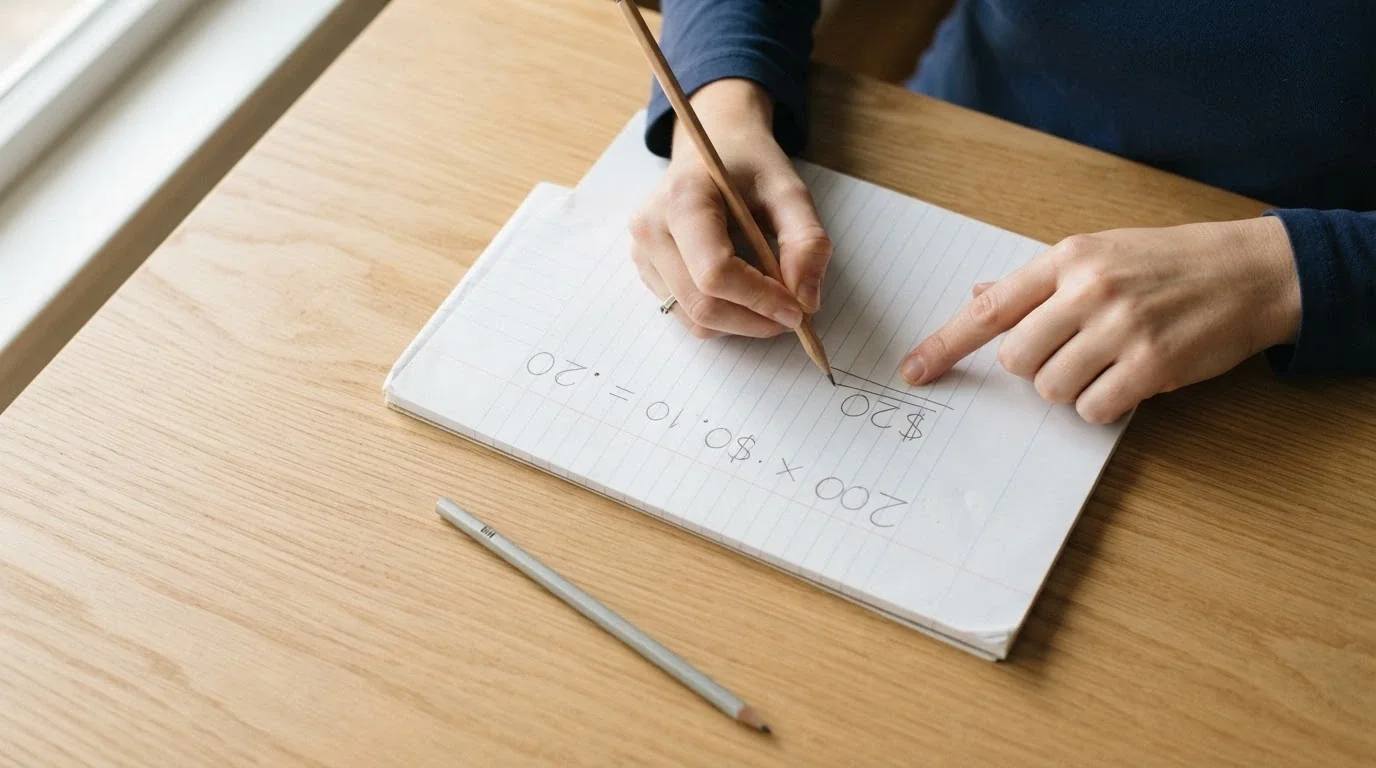 A calculator next to a notepad showing the arithmetic: 200 spins × $0.10 = $20 of action, not $200