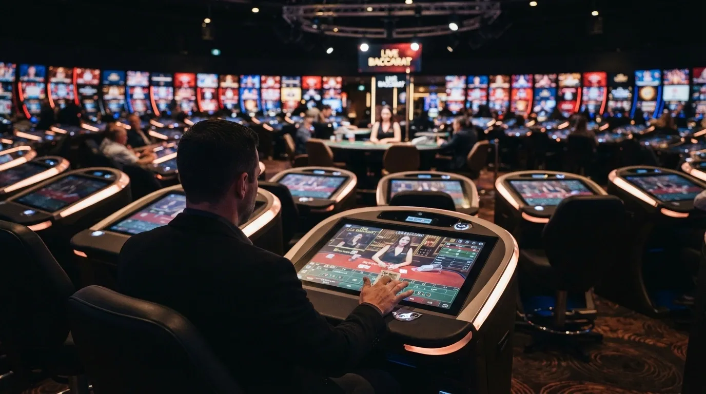 The 50-seat stadium gaming area at Casino Canberra, multiple terminals with live dealer feeds on screens