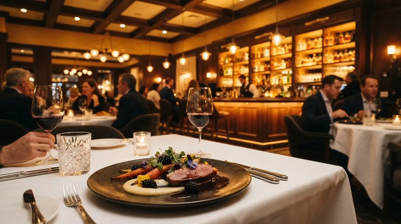 A restaurant interior at The Star Brisbane with plated dishes and bar seating