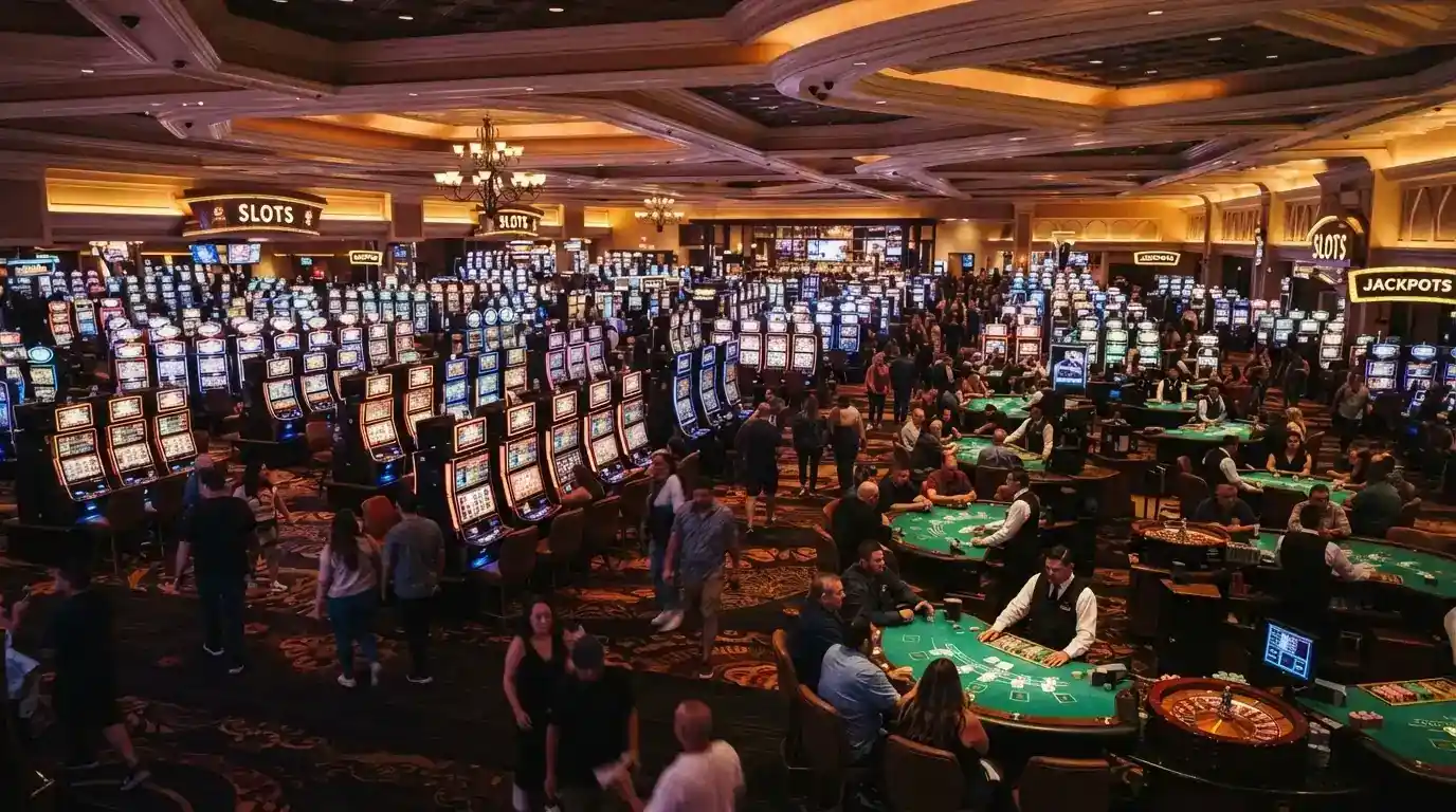 Rows of gaming machines and table games across the main casino floor of The Star Brisbane