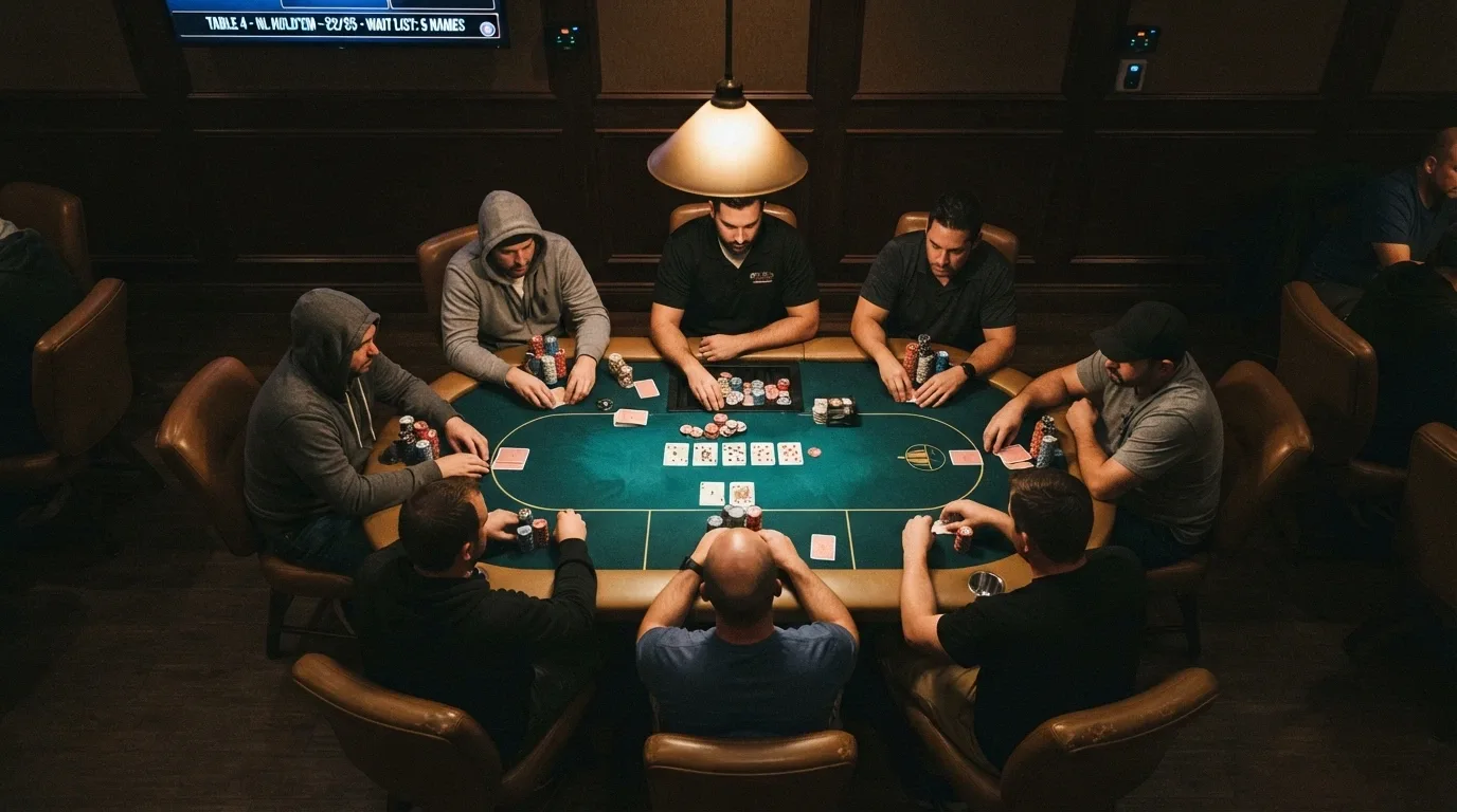 An eight-handed poker table in the dedicated poker room at The Star Brisbane