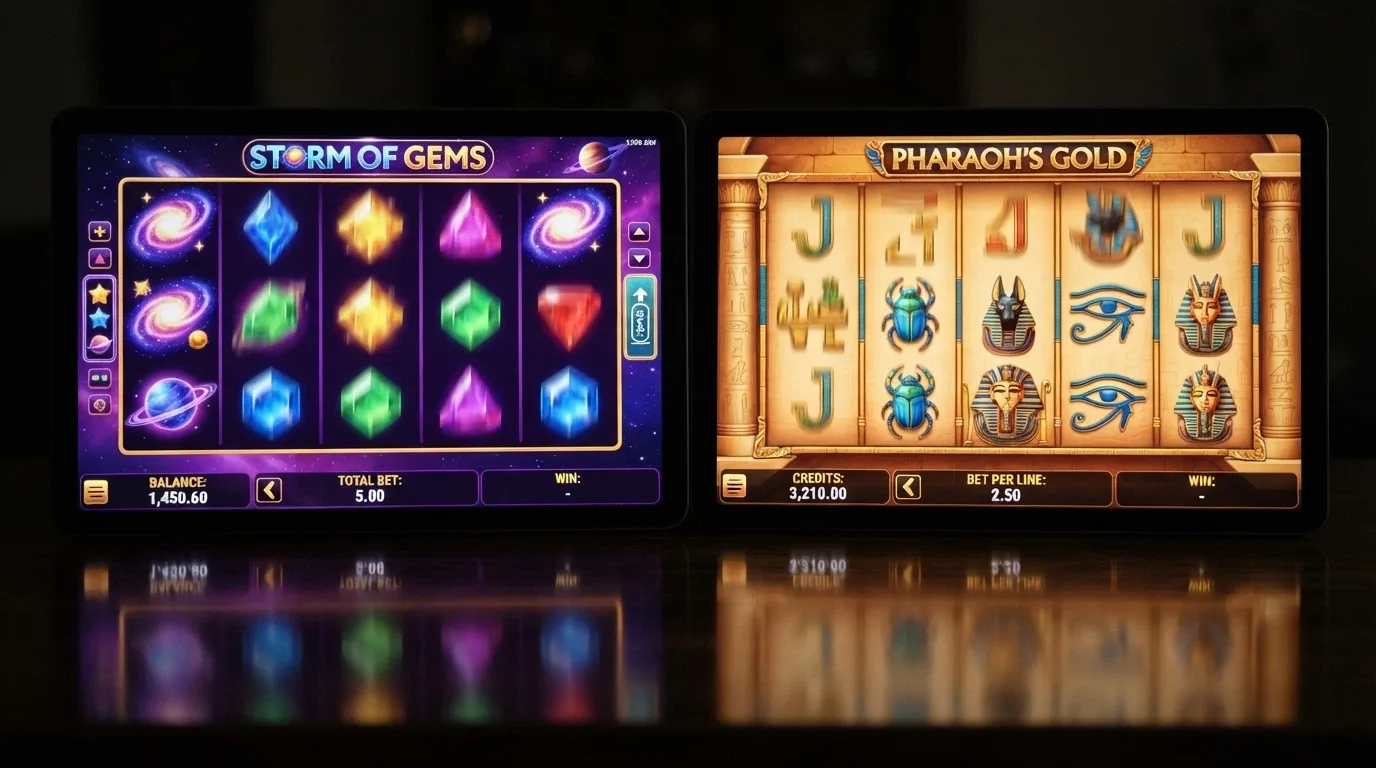 Starburst and Book of Dead slot game screens shown side by side, with their colourful reels spinning