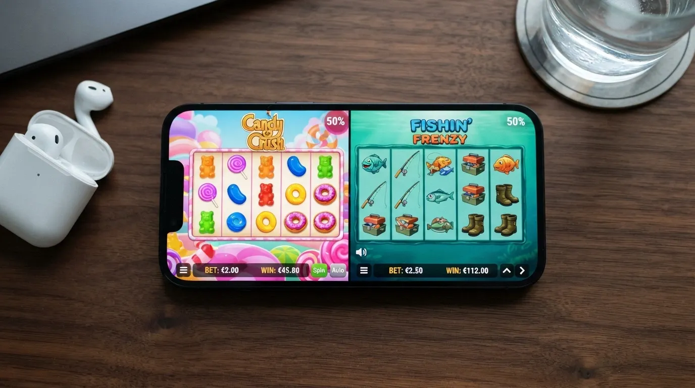A split-screen mobile view showing two popular non-Aristocrat pokies titles side by side on a phone screen, reels visible with bet-amount and win displays